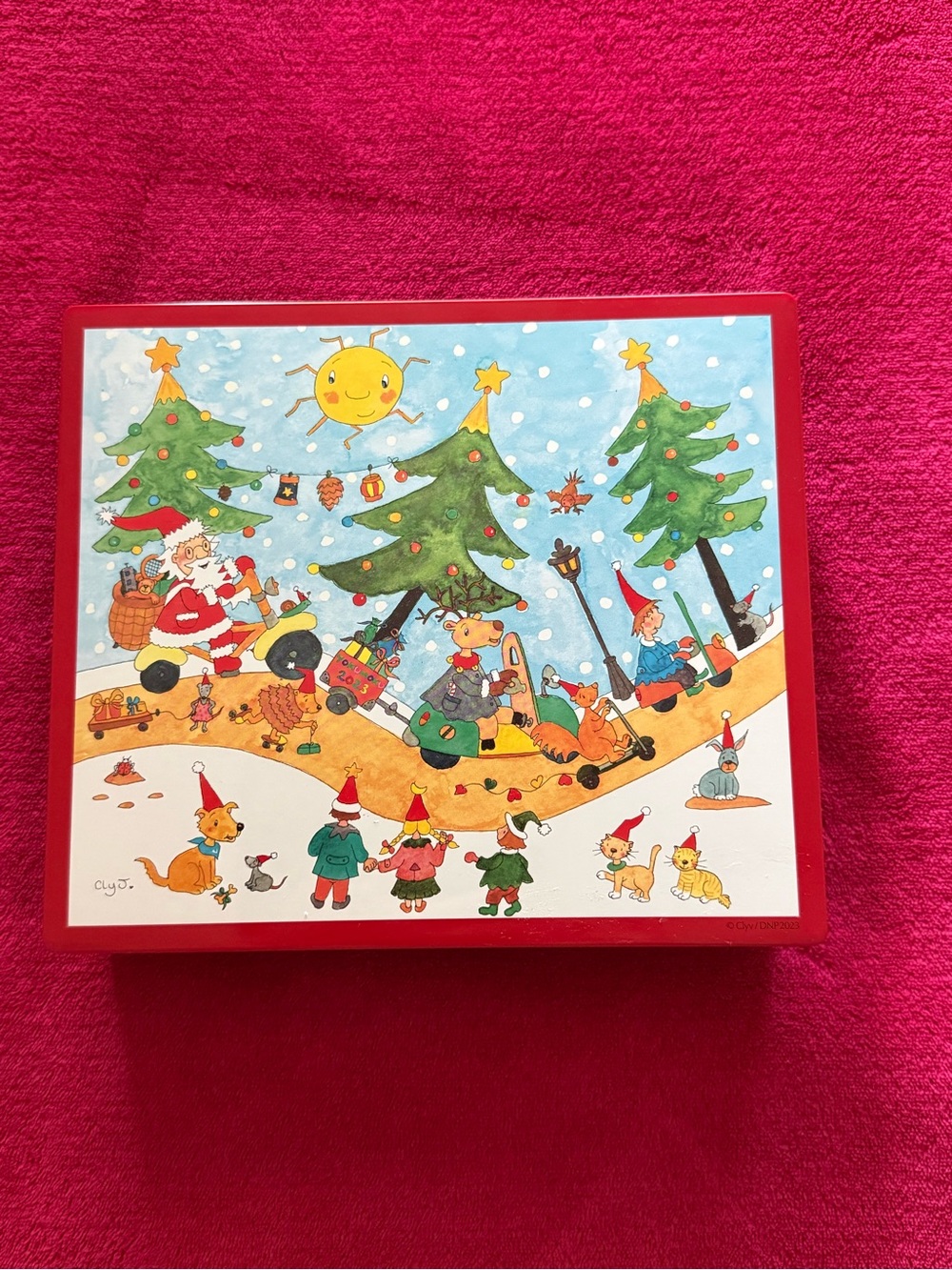 Festive Red Holiday Gift Box with Christmas Illustration